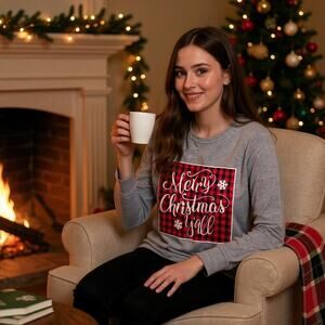 Merry Christmas Y'all Buffalo Plaid Lounge Top Gray Southern Grace Womens Small